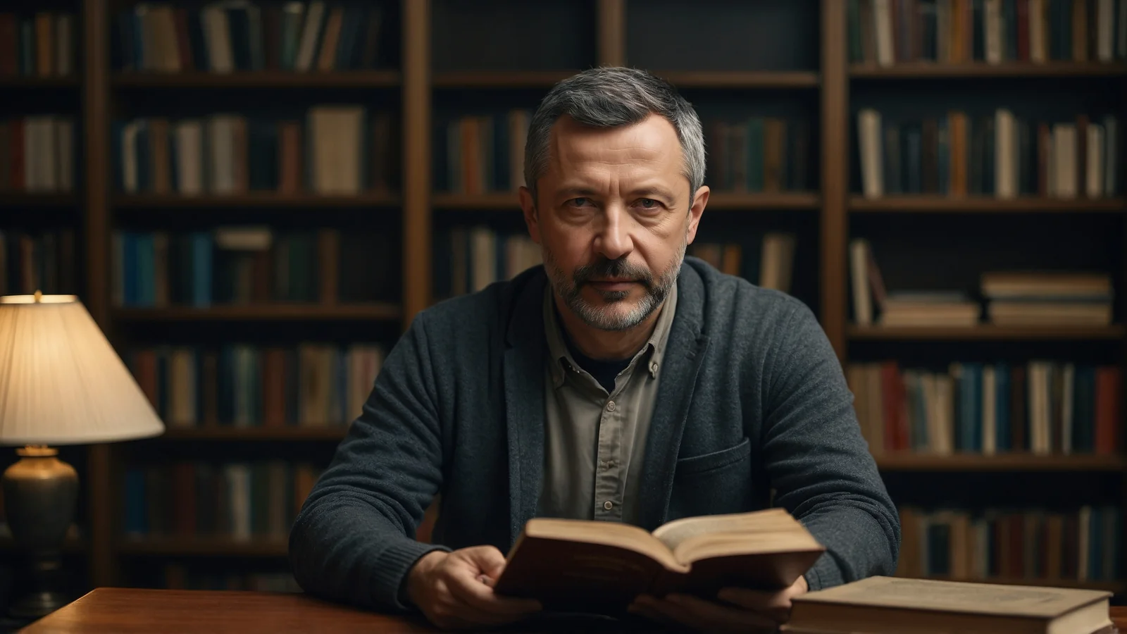 Сергей Васильчук в районной библиотеке: вечер с бумажной книгой 2 Сергей Васильчук держит раскрытую книгу обеими руками на фоне высоких деревянных стеллажей
