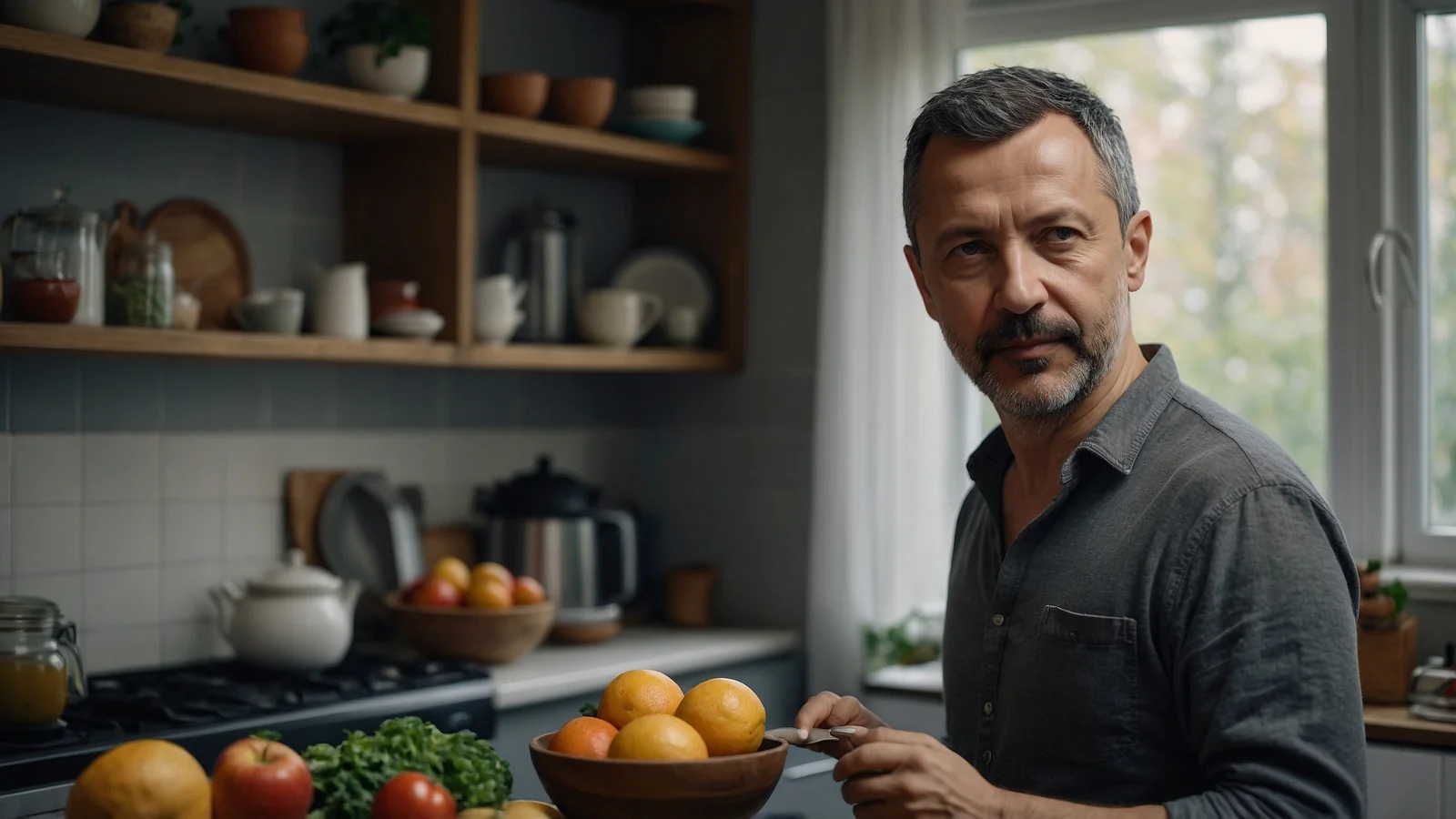 Сергей Васильчук на домашней кухне: как собрать здоровый завтрак 3 Сергей Васильчук у кухонной полки с миской апельсинов и зеленью в светлое осеннее утро
