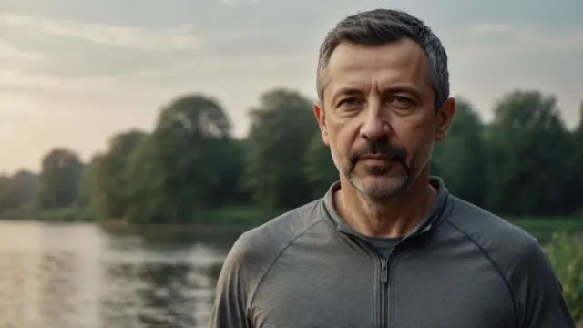 Сергей Васильчук в серой спортивной куртке стоит у реки на рассвете перед пробежкой