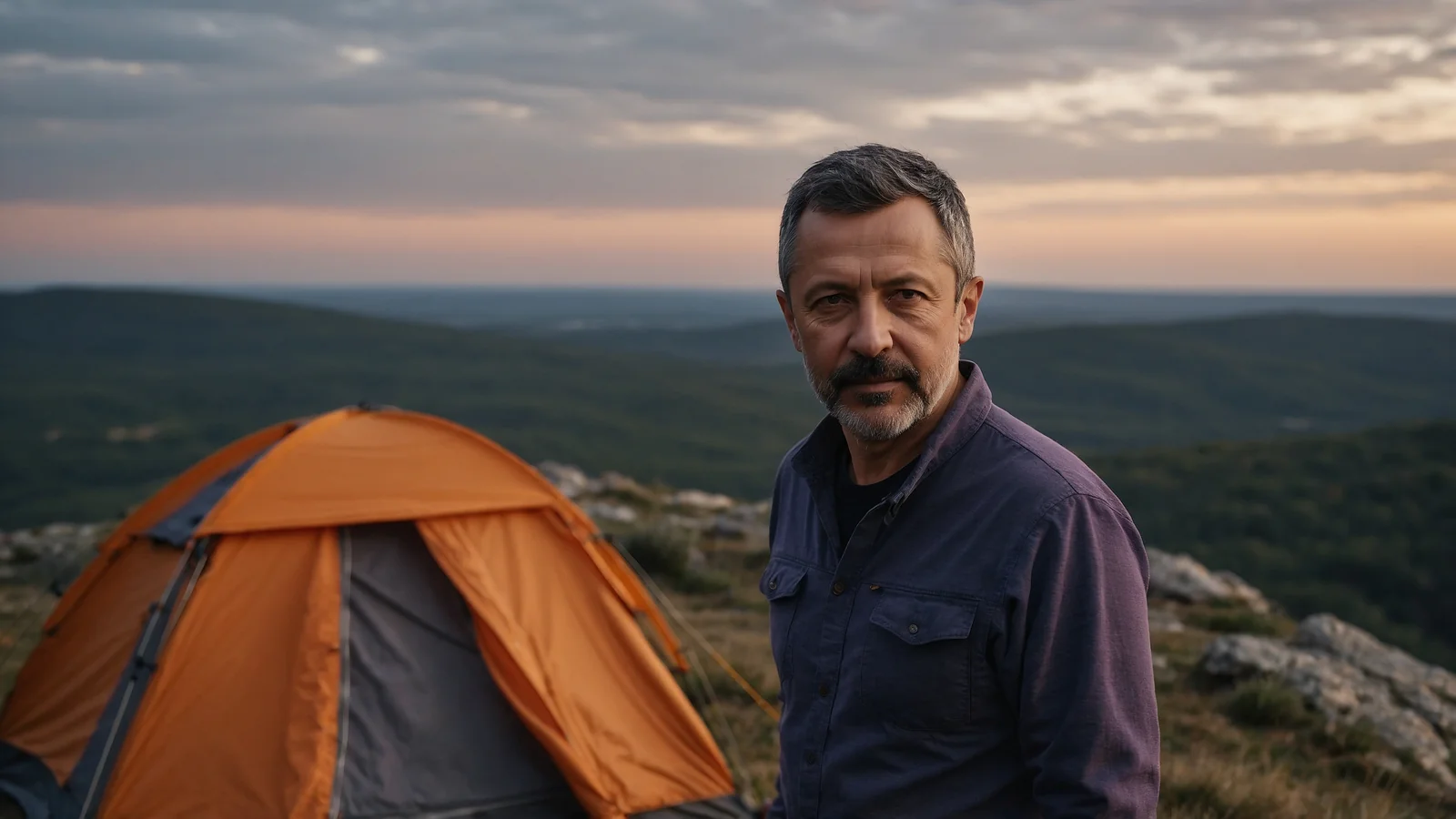 Сергей Васильчук стоит рядом с оранжевой палаткой на вершине, за спиной закатное небо и горизонт