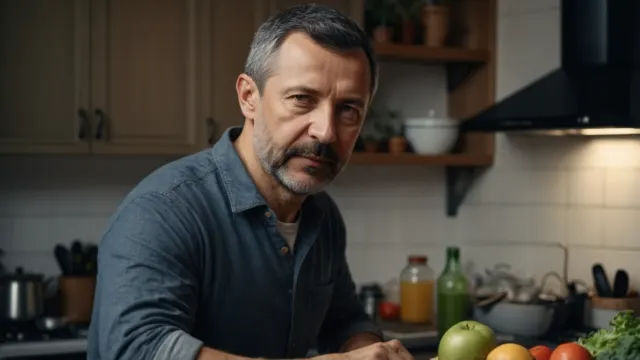 Сергей Васильчук на домашней кухне утром, рядом фрукты, зелень и банки на столешнице
