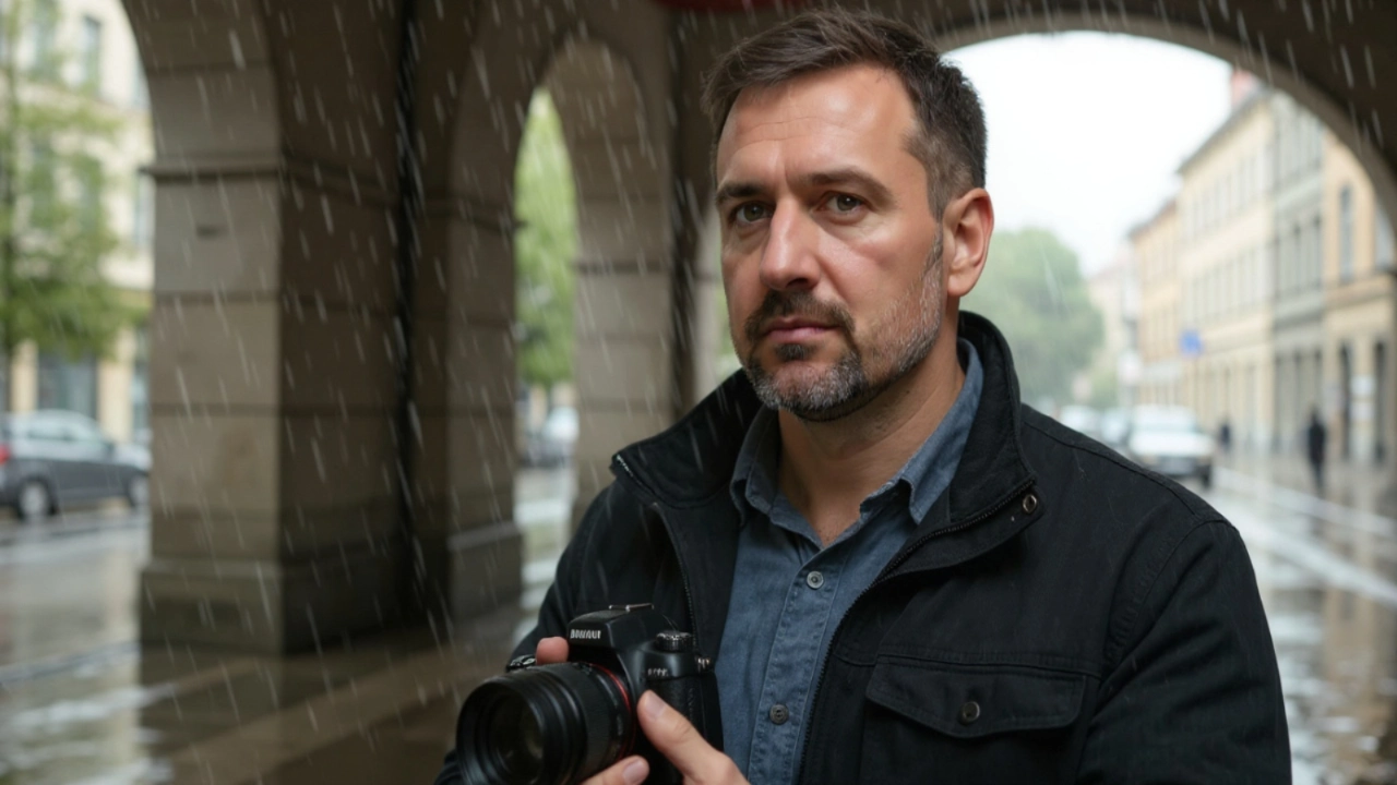 Сергей Васильчук - фотограф под аркой во время ливня в Киеве