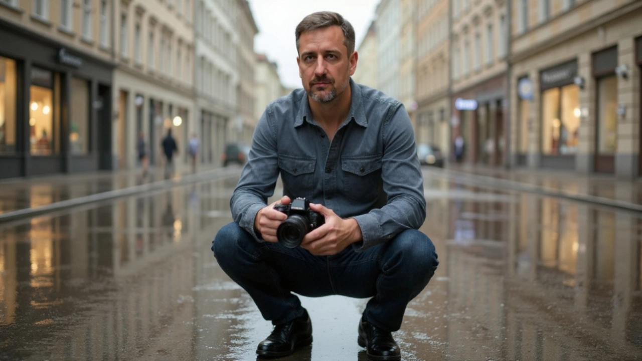 Сергей Васильчук - фотограф снимает на мокром асфальте после дождя