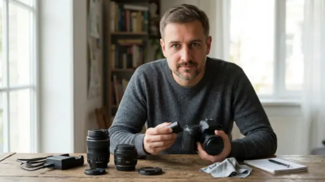 Сергей Васильчук - фотограф из Киева проверяет технику утром перед съёмкой